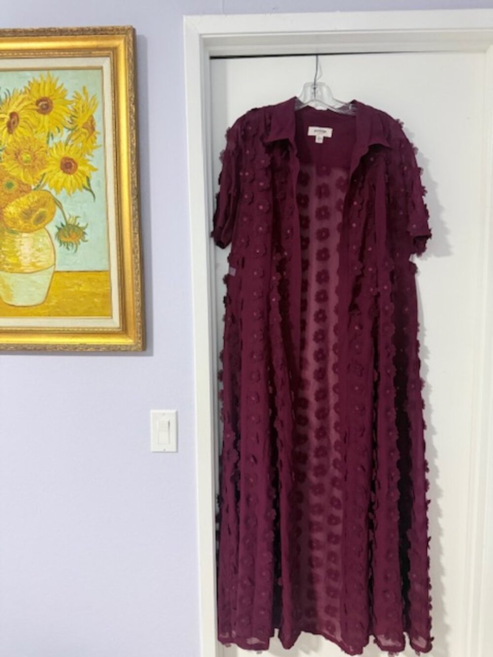 Anthropologie Porridge Short-Sleeve Sheer 3-D Floral Maxi Shirtdress, Wine color